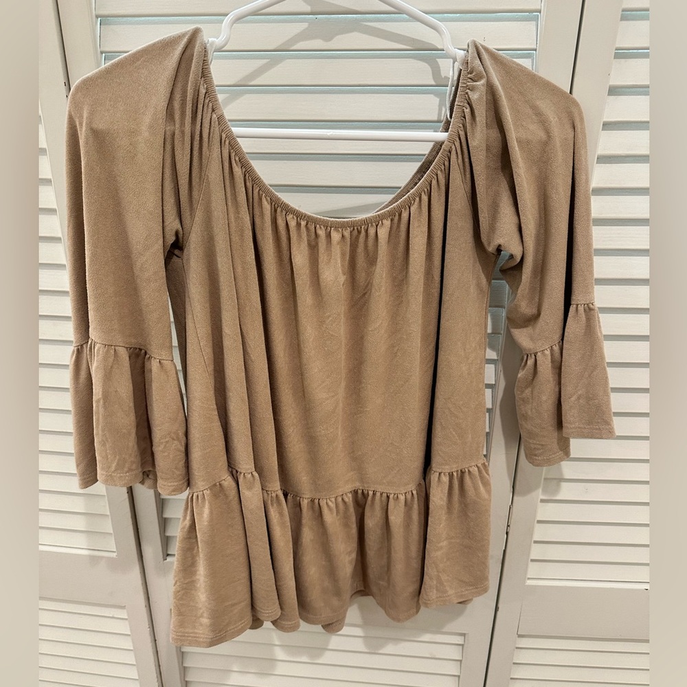 Tan suede off-the-shoulder top